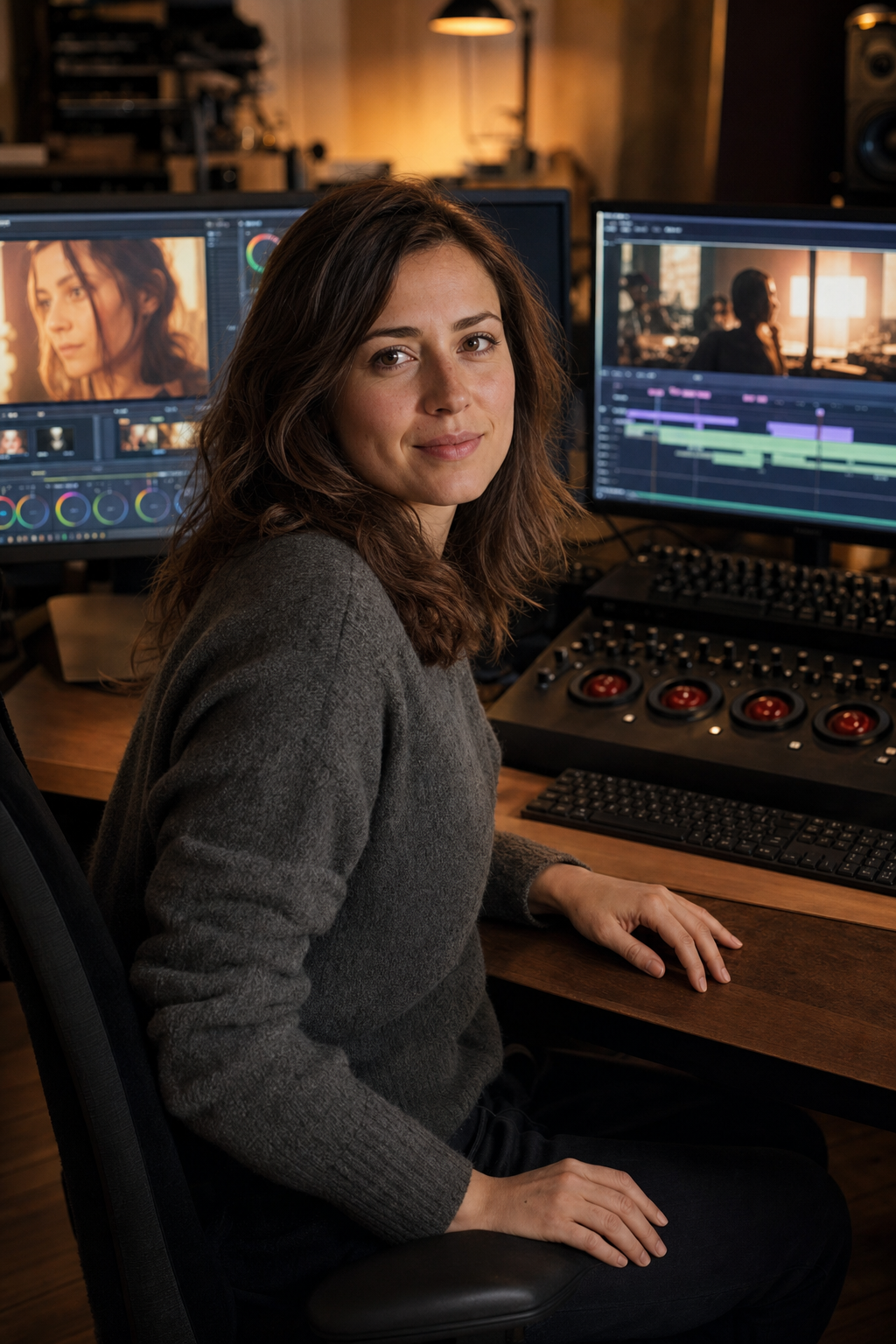 Charlotte Rousseau au poste de montage devant deux écrans affichant une timeline de montage vidéo