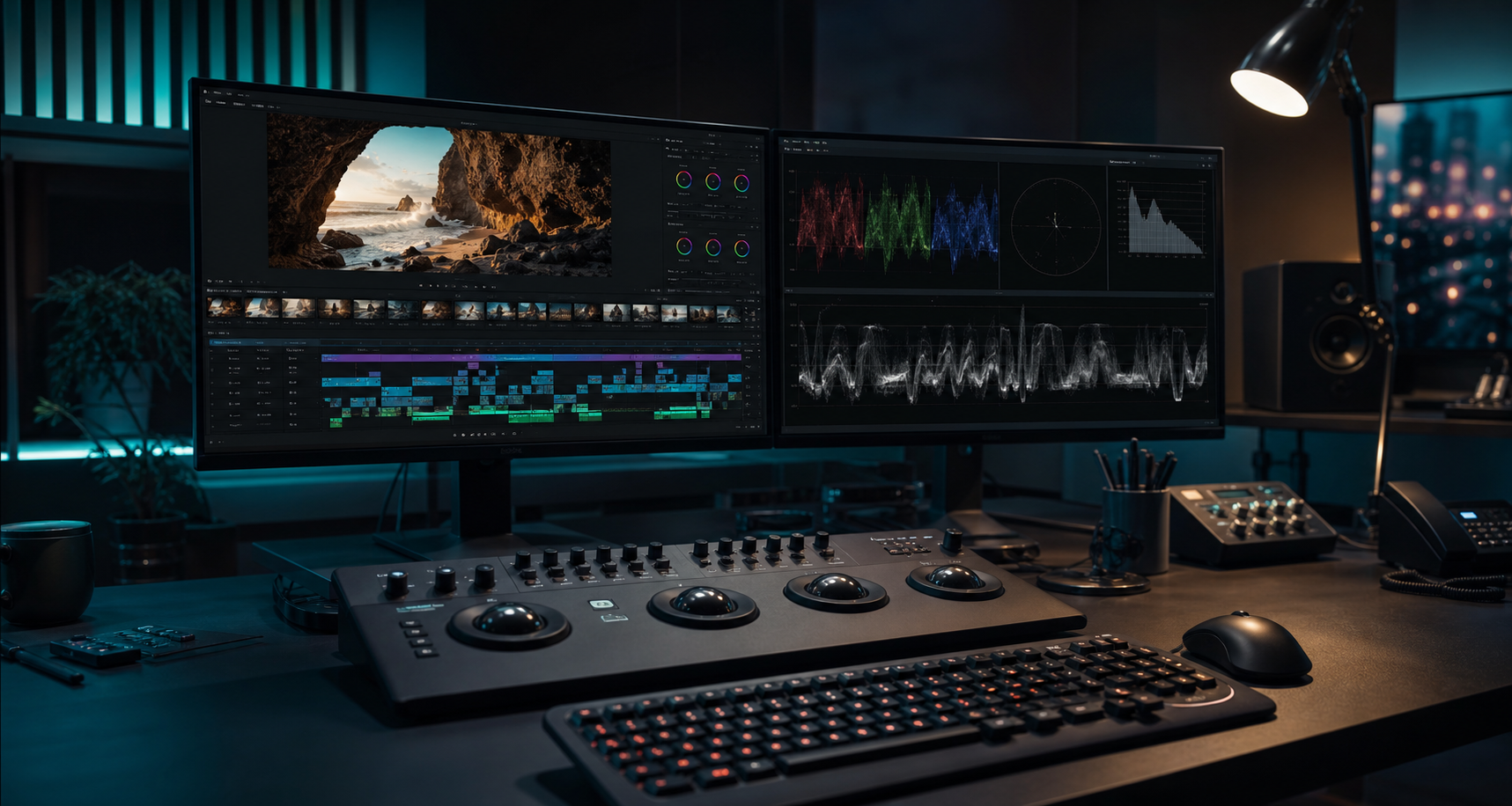 Table de montage vidéo avec moniteurs affichant une timeline d'étalonnage