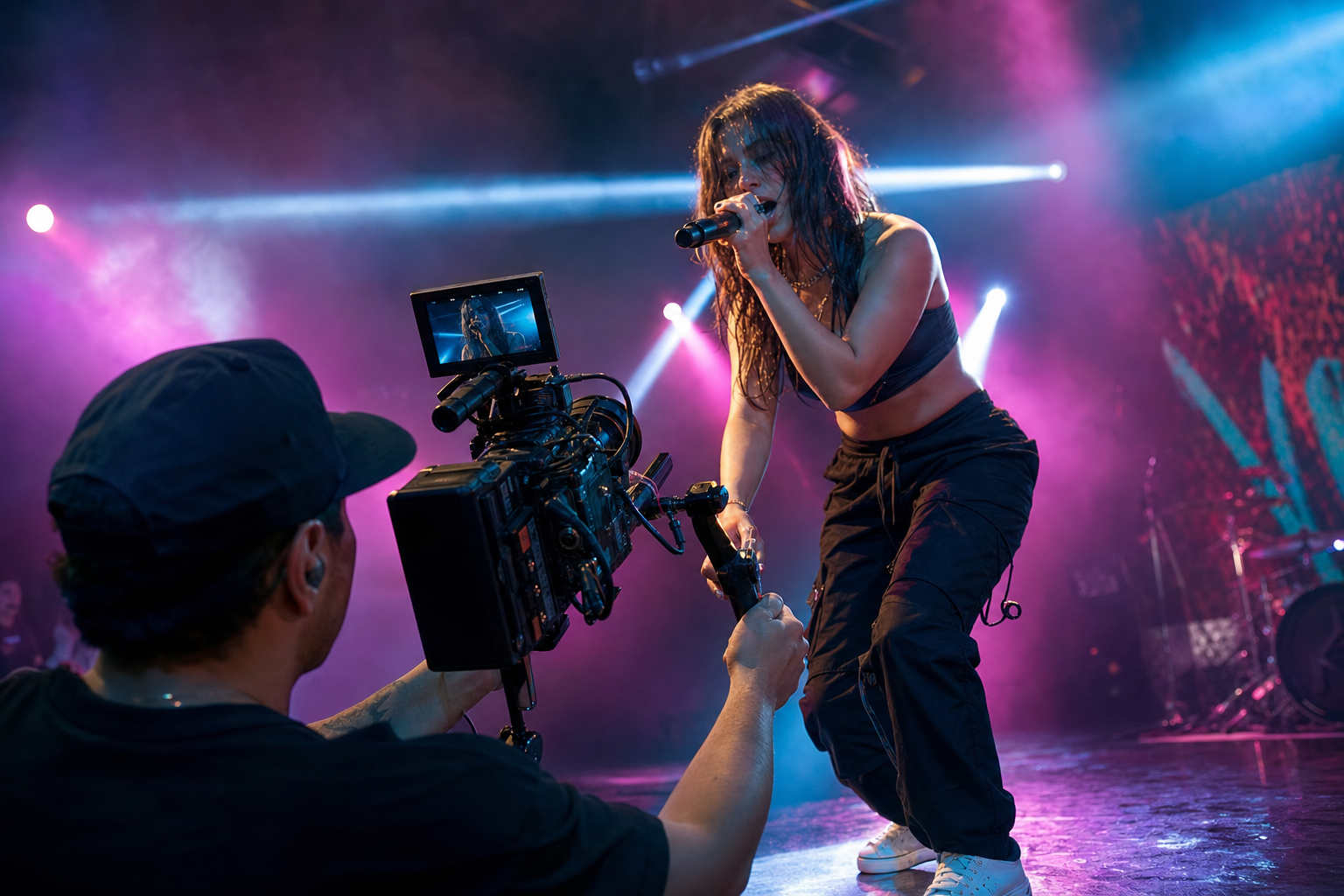 Tournage d'un clip musical avec un chanteur sous éclairage scénique coloré