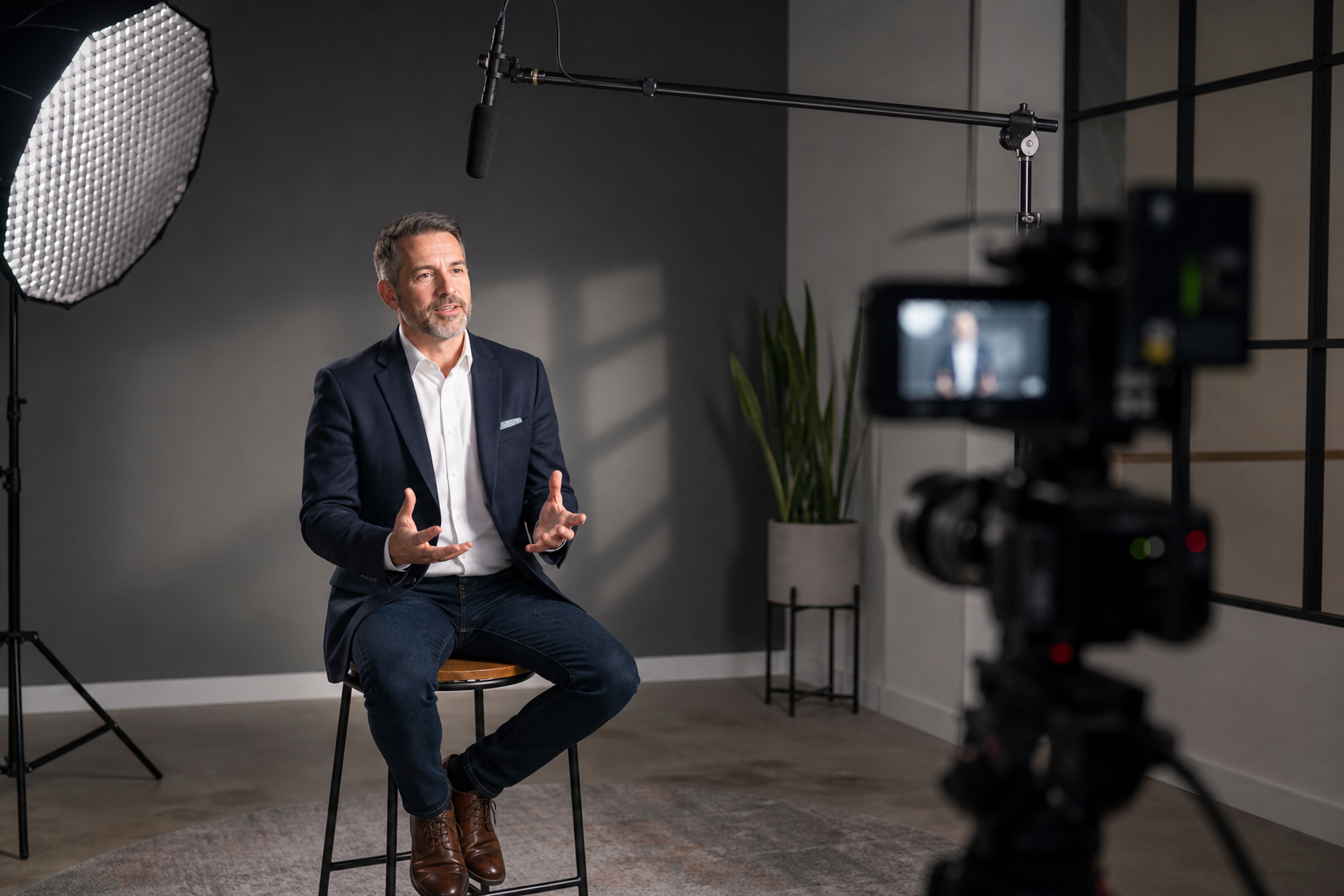 Tournage d'une vidéo d'entreprise en studio avec projecteur et perche micro