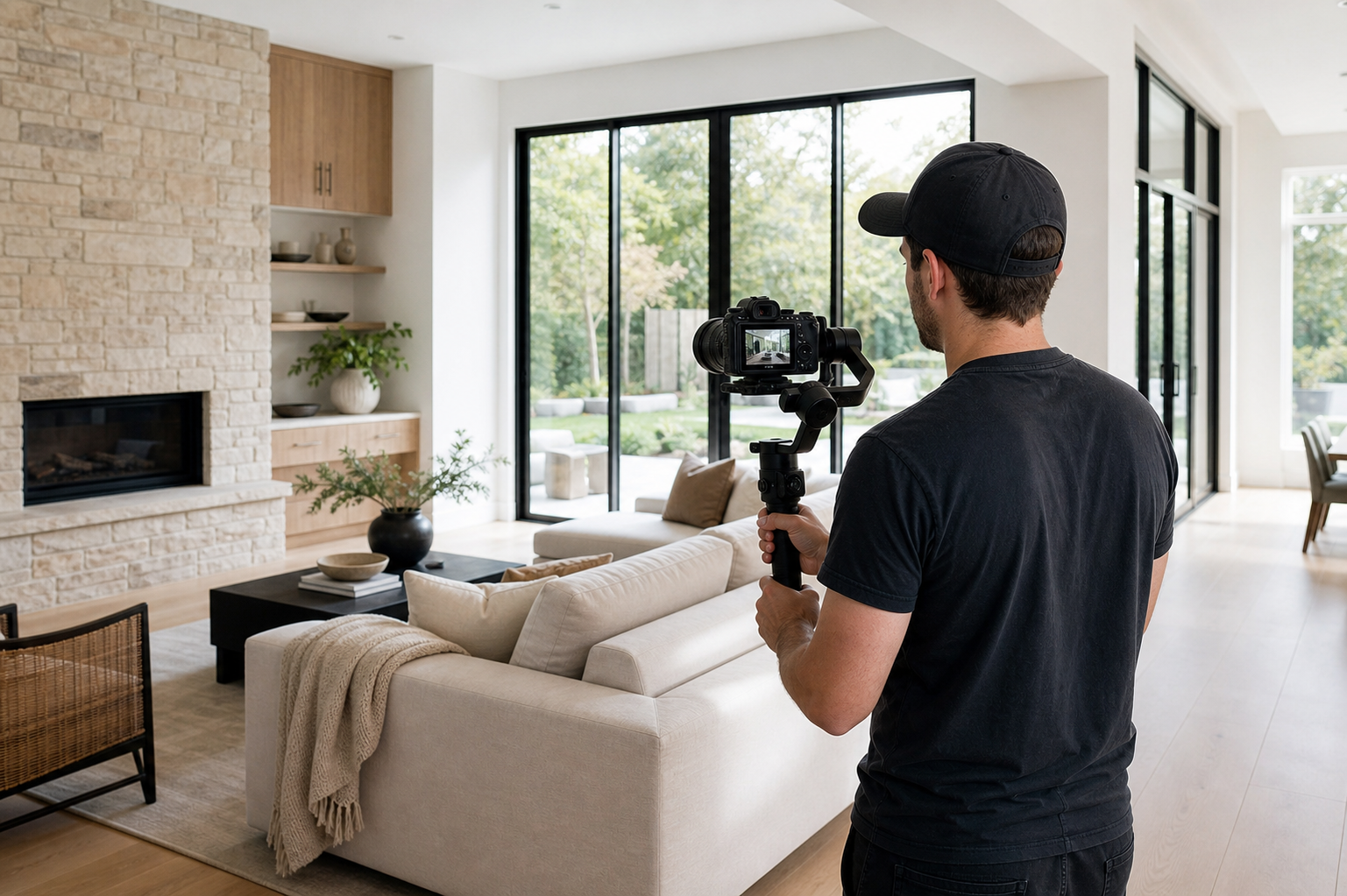 Vidéaste filmant un intérieur lumineux au stabilisateur pour une annonce immobilière