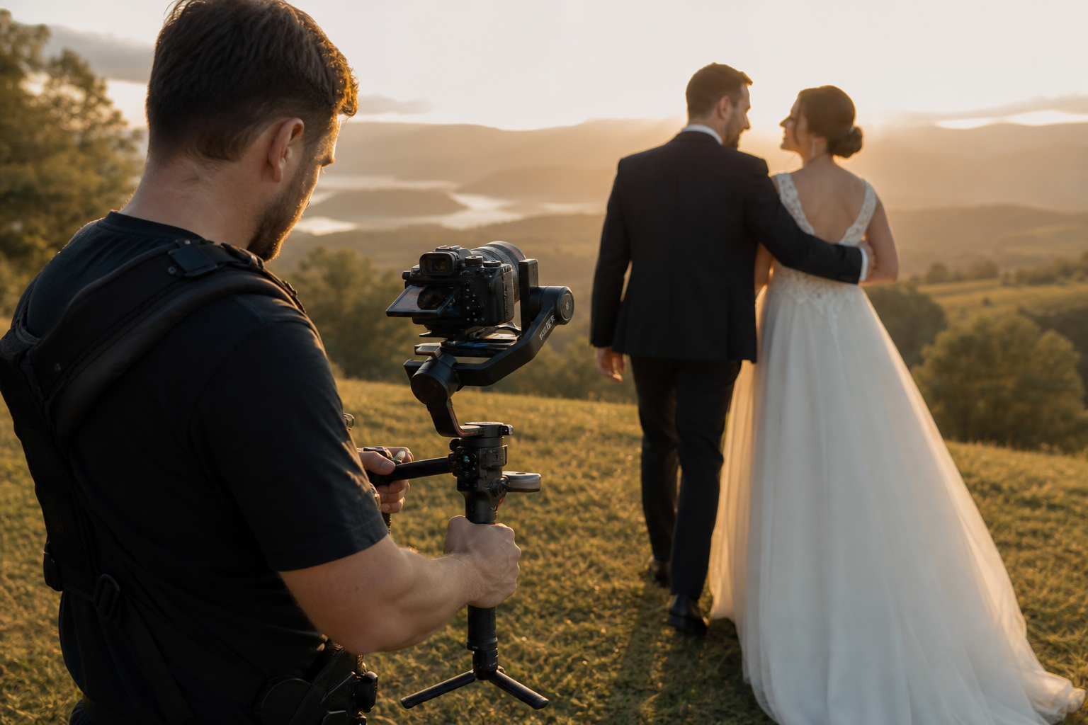 Vidéaste filmant un couple de mariés en extérieur à la lumière dorée
